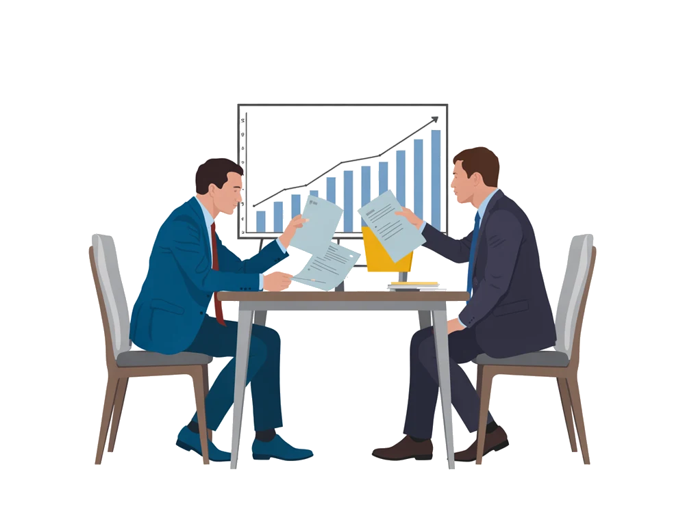 Консультанты обсуждают проект с документами и графиком