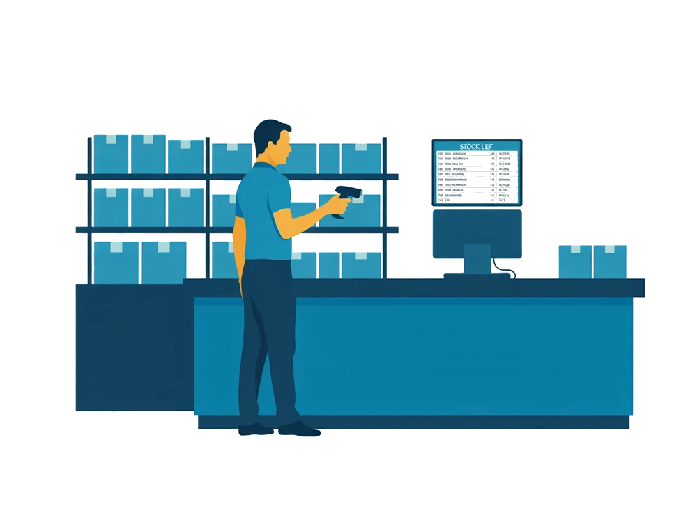 Продавец за прилавком магазина со сканером в руке